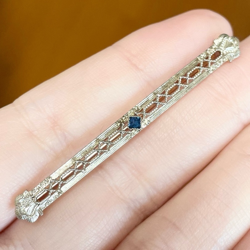 10K Sapphire art nouveau style vintage filigree blue solid gold bar pin brooch﻿ - Picture 4 of 10